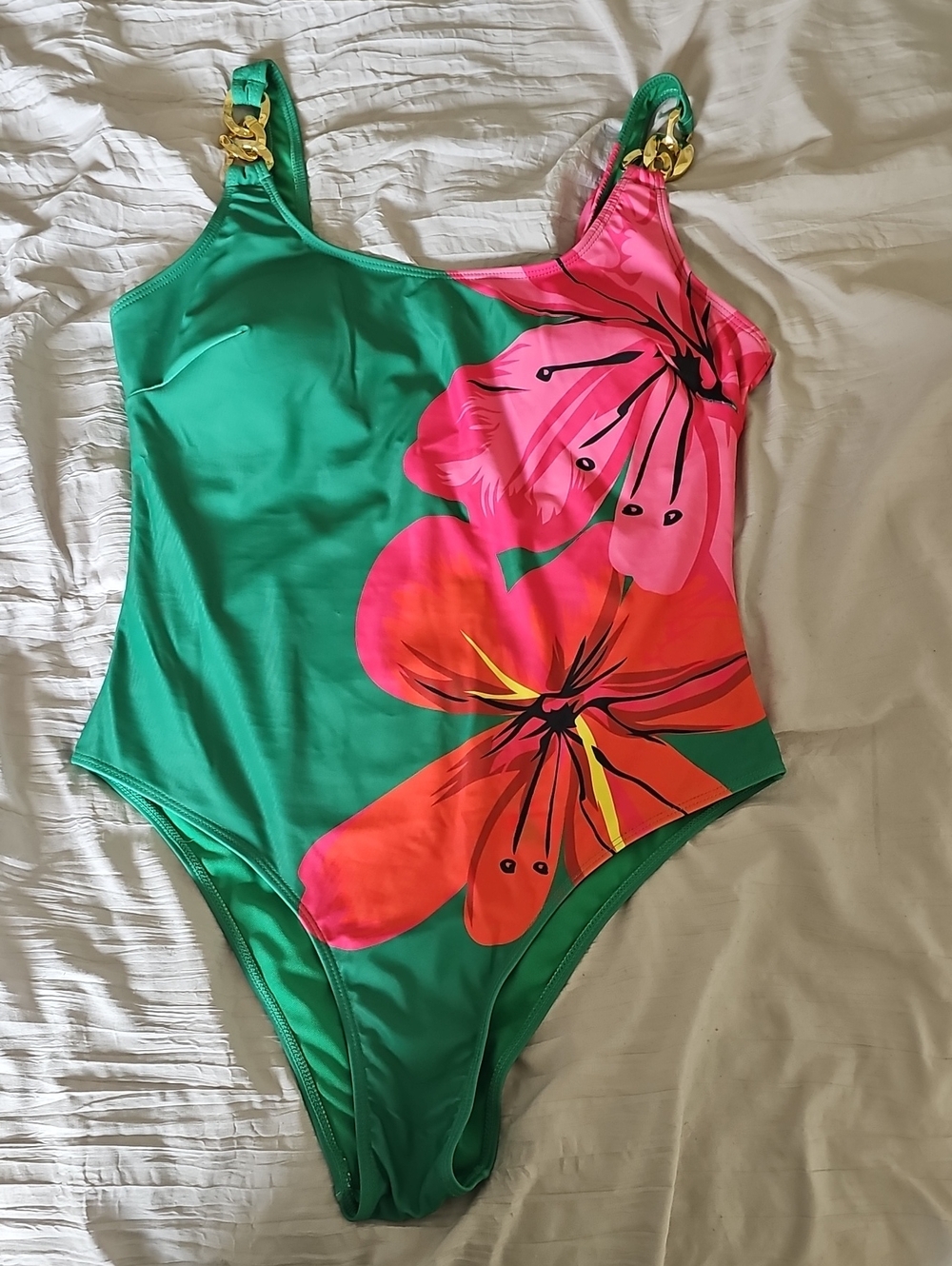 Fashion Nova Emerald One-Piece Swimsuit with Pink & Orange Floral Accents